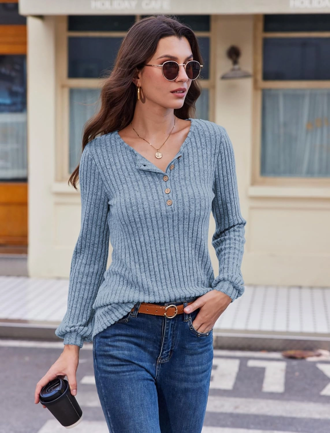 Button Up Sweater for Women Fall Lightweight Knit Pullover Sweaters Long Sleeve Henley Shirts Crewneck Tunic Tops