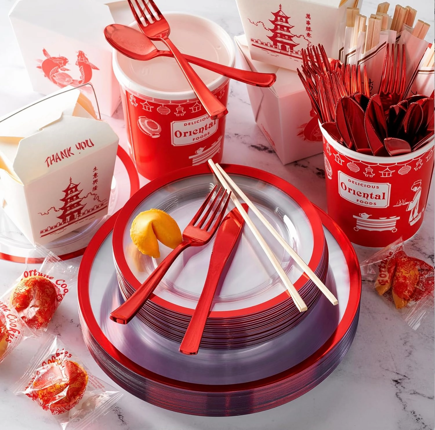 By Madee HEAVYWEIGHT 100 Pc Clear and Red Party Plates | Includes 50 Dinner & 50 Dessert Plates (50 Guests)