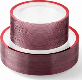 By Madee HEAVYWEIGHT 100 Pc Clear and Red Party Plates | Includes 50 Dinner & 50 Dessert Plates (50 Guests)