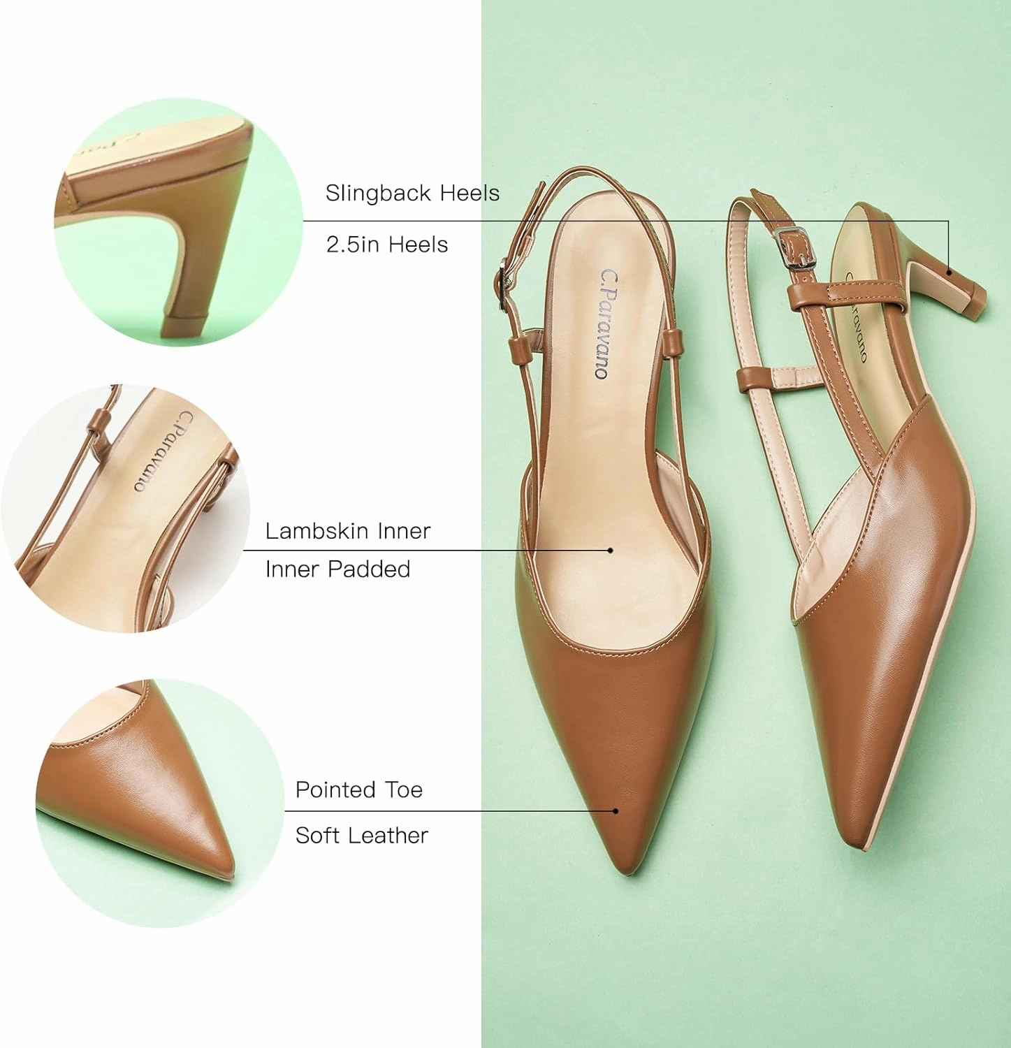 C.Paravano Beige Slingback Heels for Women - Pointed Toe, Stiletto Heels, Slip On Work Pumps, Dress Shoes