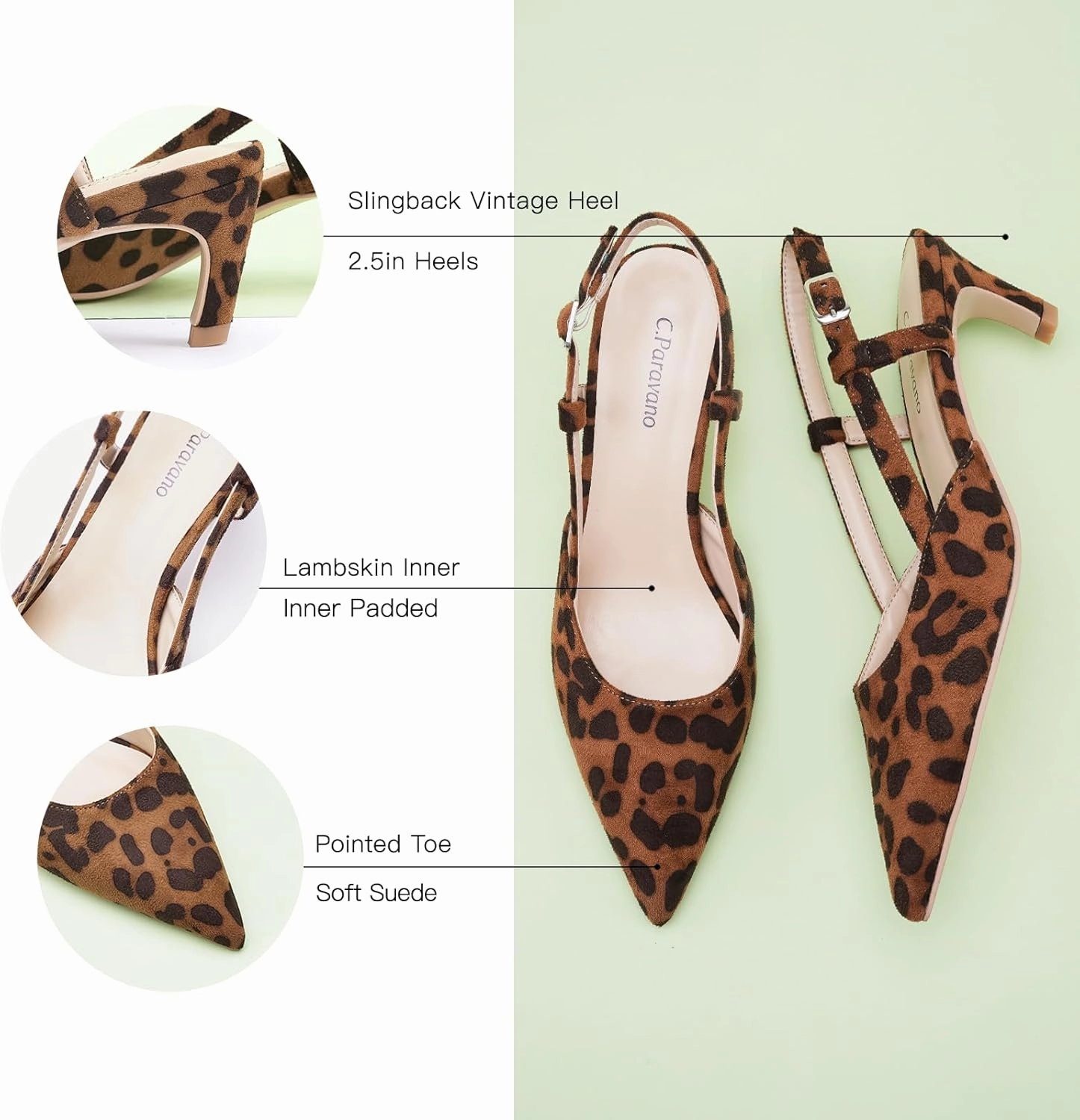 C.Paravano Beige Slingback Heels for Women - Pointed Toe, Stiletto Heels, Slip On Work Pumps, Dress Shoes
