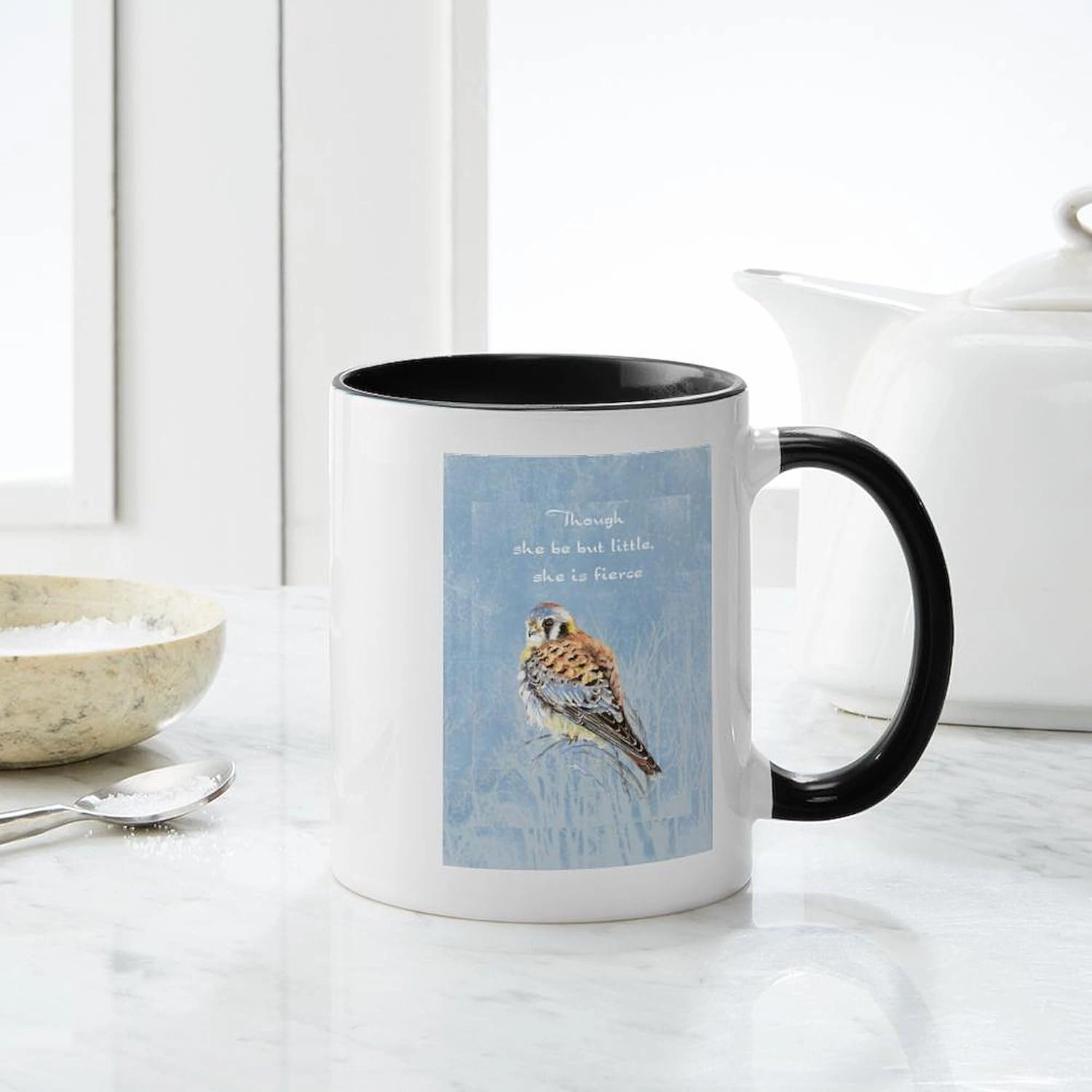 CafePress Little But Fierce Quote Kestrel Watercolor Falcon 11 oz (325 ml) Ceramic Coffee Mug