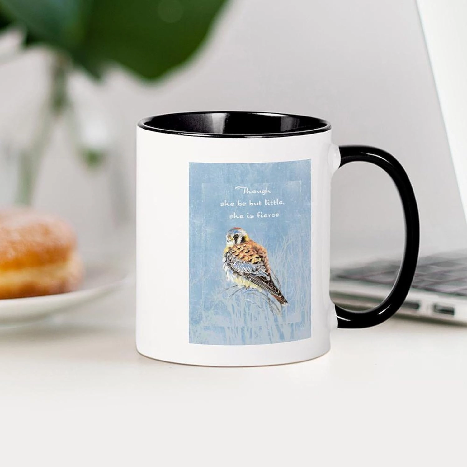 CafePress Little But Fierce Quote Kestrel Watercolor Falcon 11 oz (325 ml) Ceramic Coffee Mug