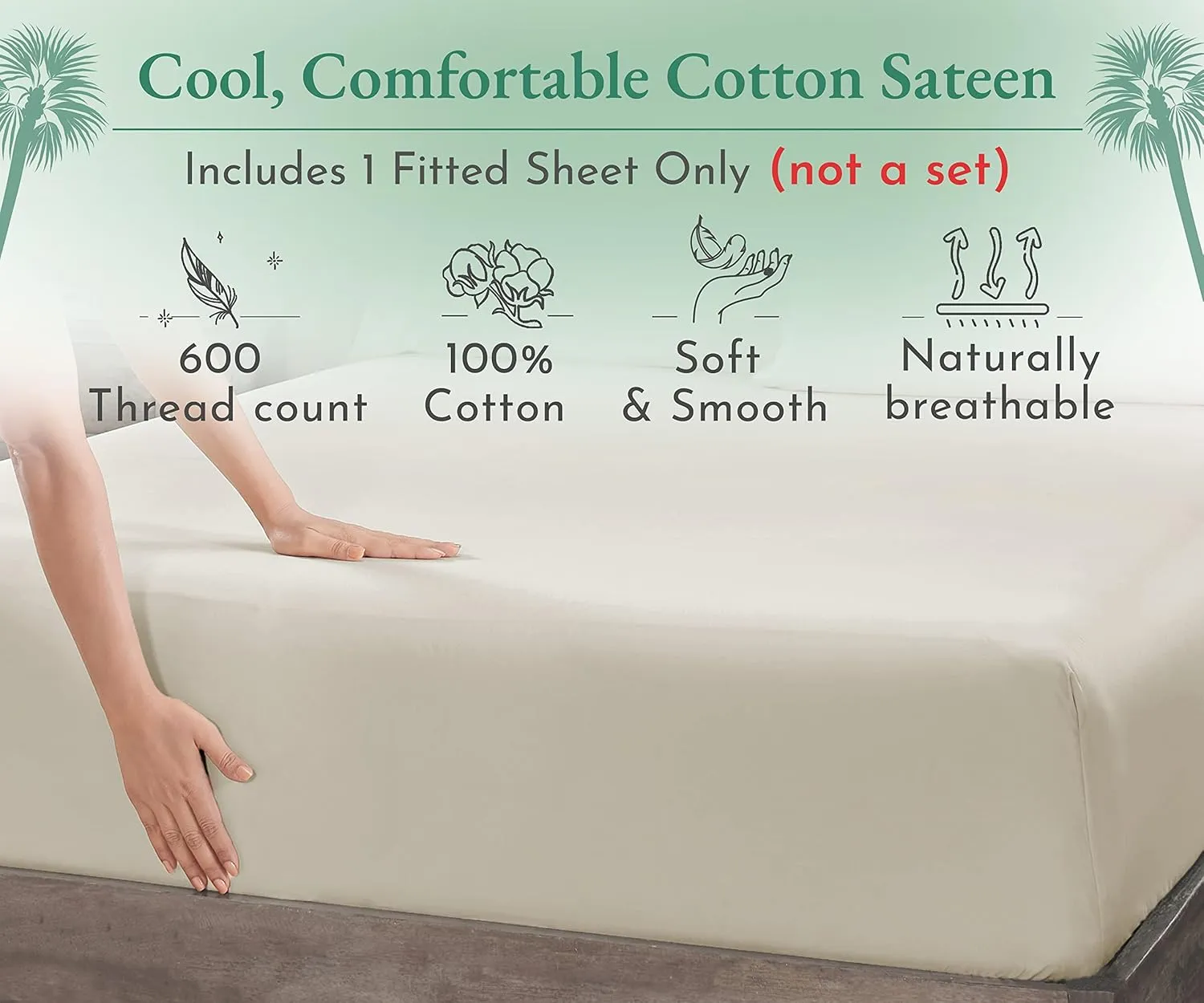 California Design Den Luxury Queen Size Fitted Sheet Only - 100% Cotton, 600 Thread Count, Soft Deep Pocket Bottom Fitted Sheet, Sateen, Hotel Quality, Featuring Footside Indicator - Creamy Beige
