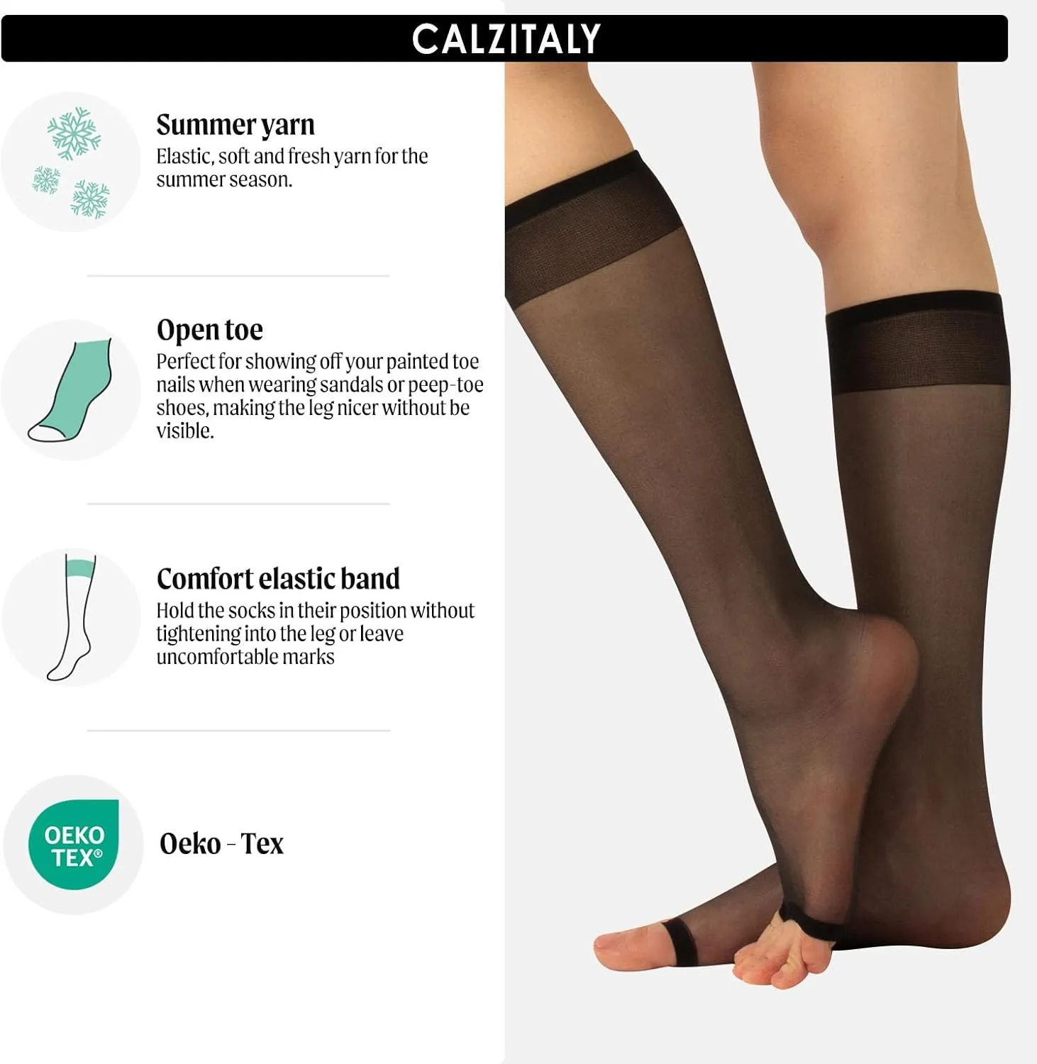 CALZITALY - 2 Pairs Open Toe Knee High Socks for Women (One Size, Black or Nude)