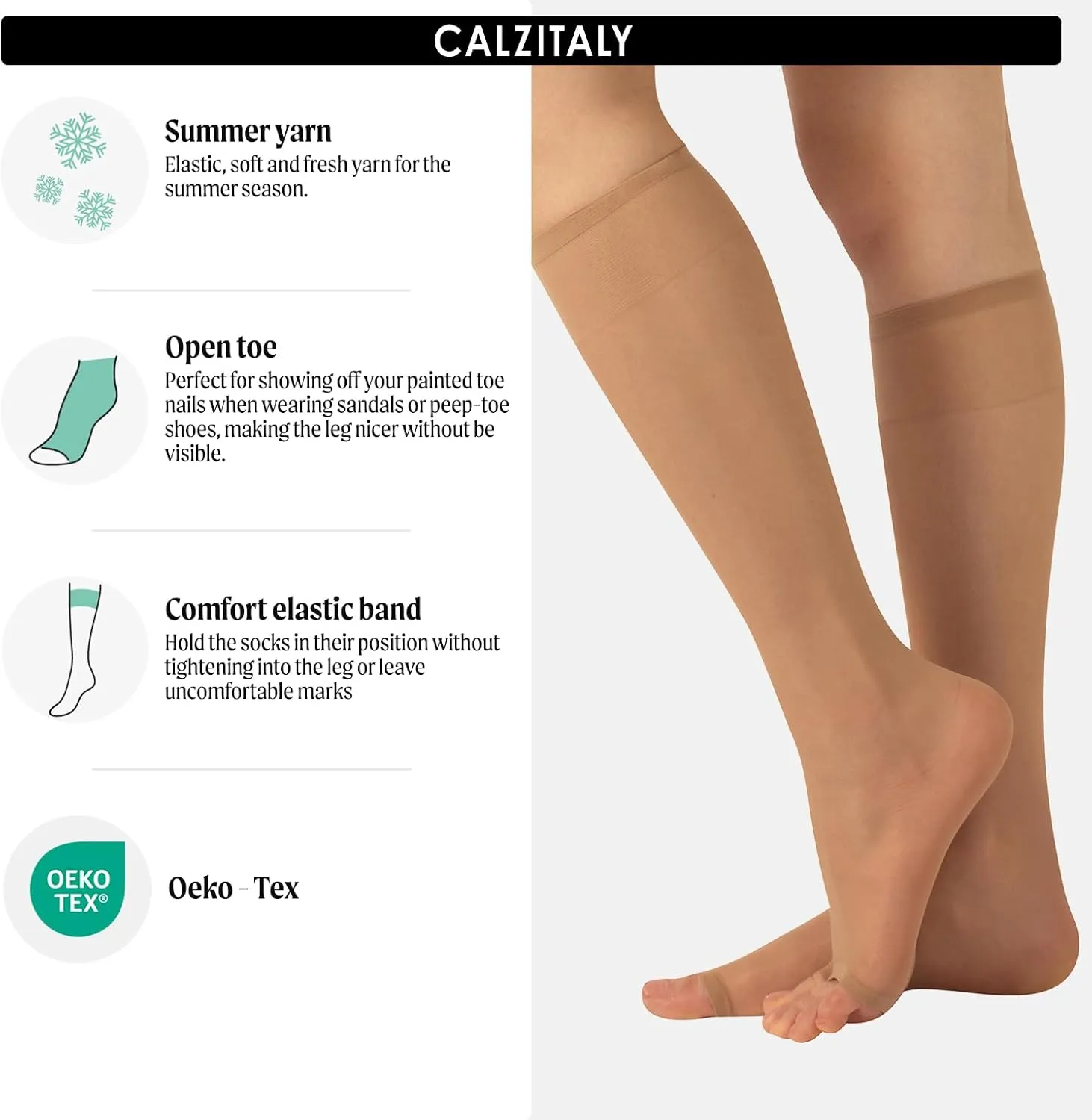 CALZITALY - 2 Pairs Open Toe Knee High Socks for Women (One Size, Black or Nude)