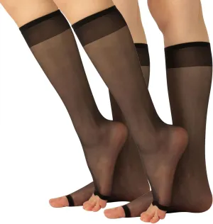 CALZITALY - 2 Pairs Open Toe Knee High Socks for Women (One Size, Black or Nude)