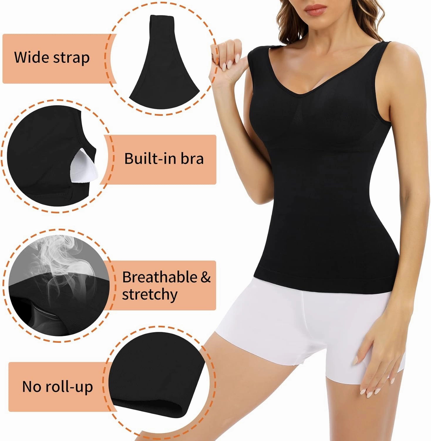 Camisoles with Built in Bra Compression Padded Shapewear Tank Tops for Women White Tank Tops with Built in Bras Tummy Control