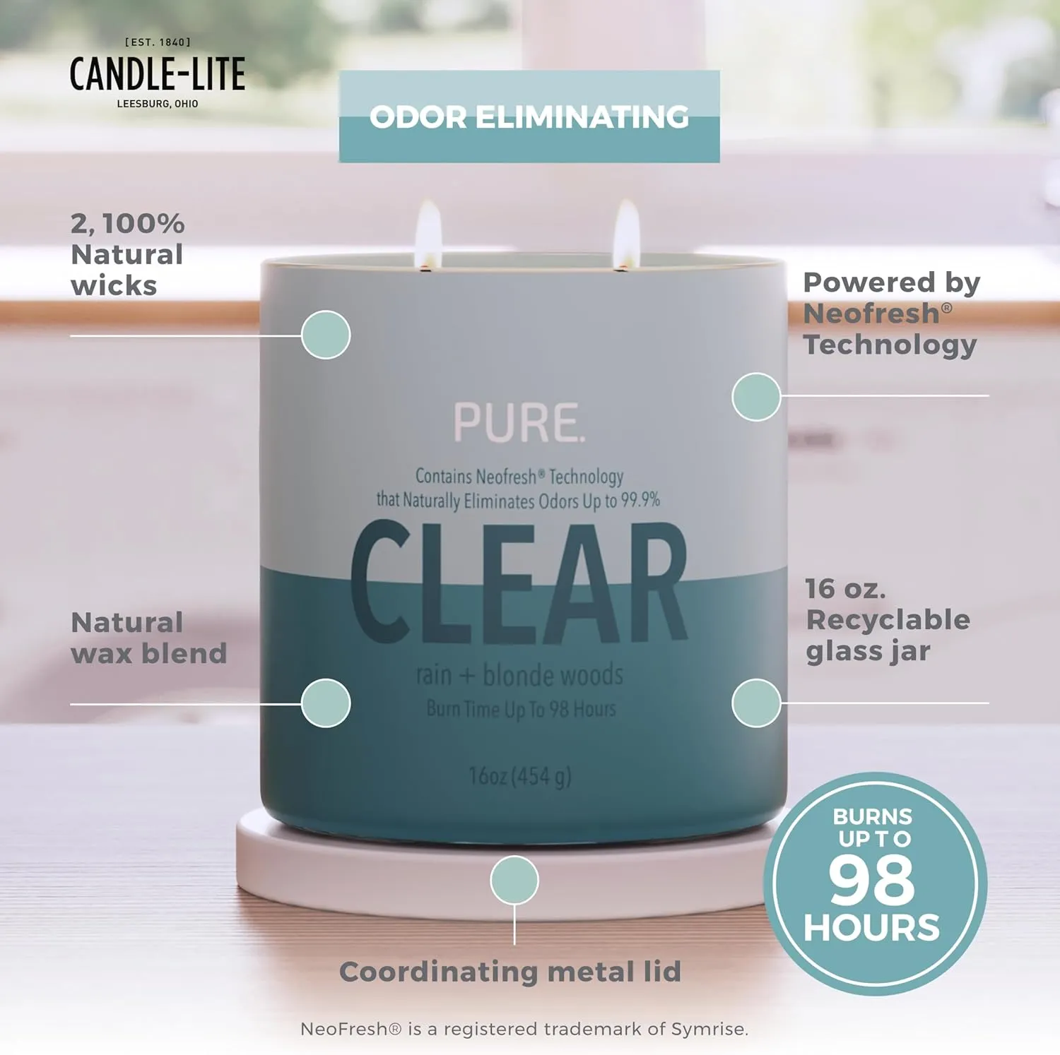 Candle-Lite Pure Rain & Blonde Woods Scented Candles, Neofresh Technology Eliminates 99.9% of Odors, 16 oz 2-Wick Jar, Proudly Poured in The USA, 44-60 Hours Burn Time, Ideal Gifts for Home or Women