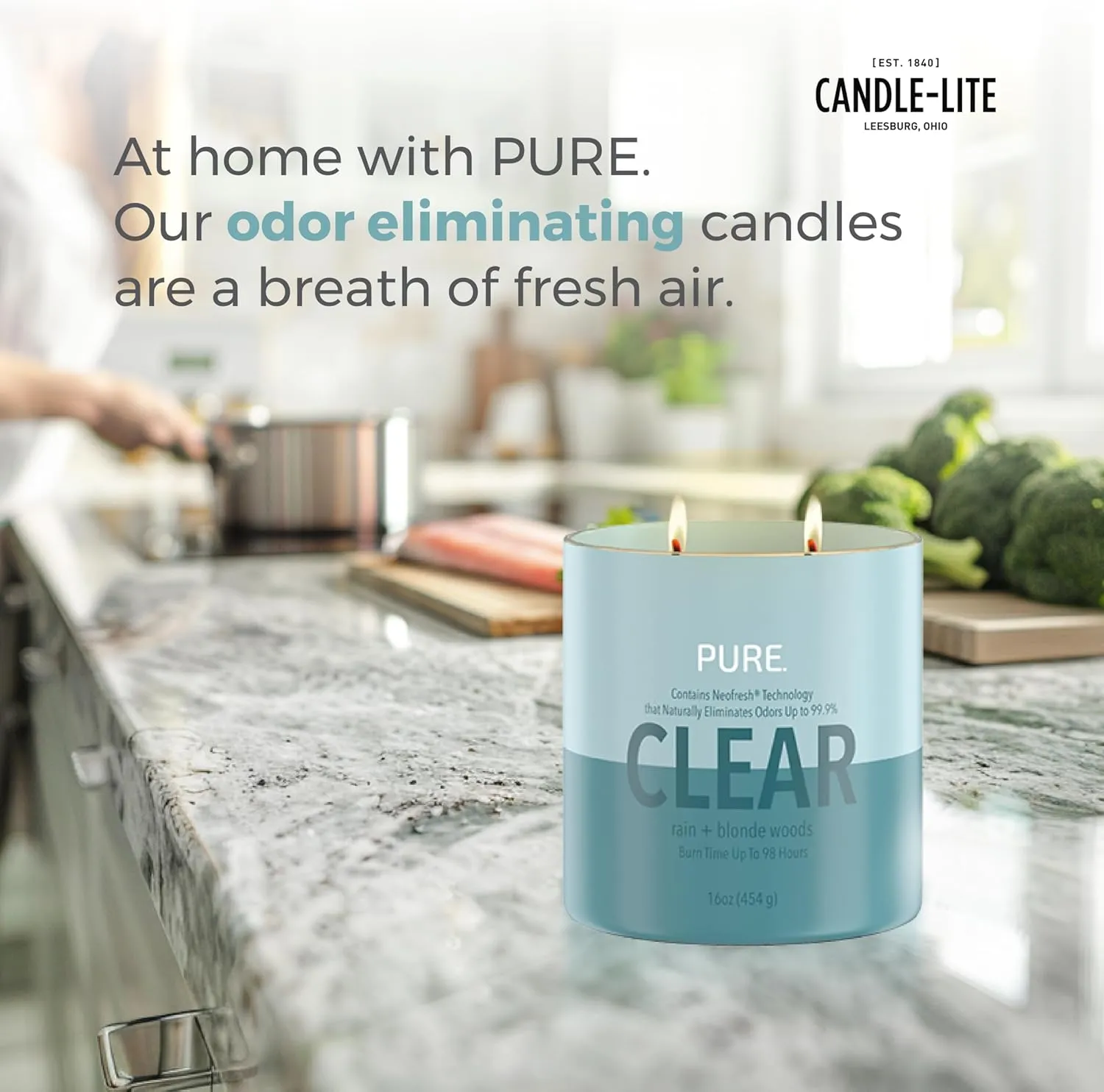 Candle-Lite Pure Rain & Blonde Woods Scented Candles, Neofresh Technology Eliminates 99.9% of Odors, 16 oz 2-Wick Jar, Proudly Poured in The USA, 44-60 Hours Burn Time, Ideal Gifts for Home or Women