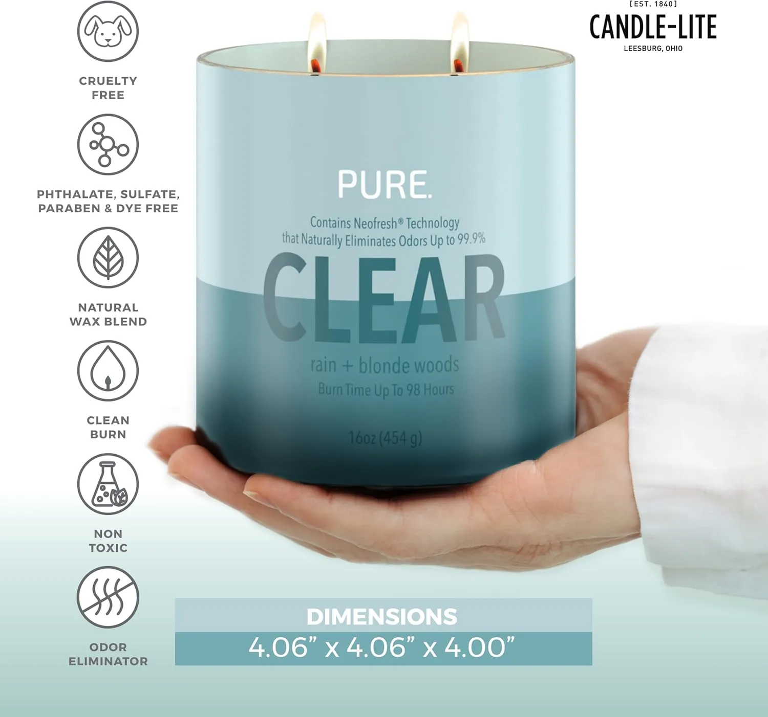 Candle-Lite Pure Rain & Blonde Woods Scented Candles, Neofresh Technology Eliminates 99.9% of Odors, 16 oz 2-Wick Jar, Proudly Poured in The USA, 44-60 Hours Burn Time, Ideal Gifts for Home or Women