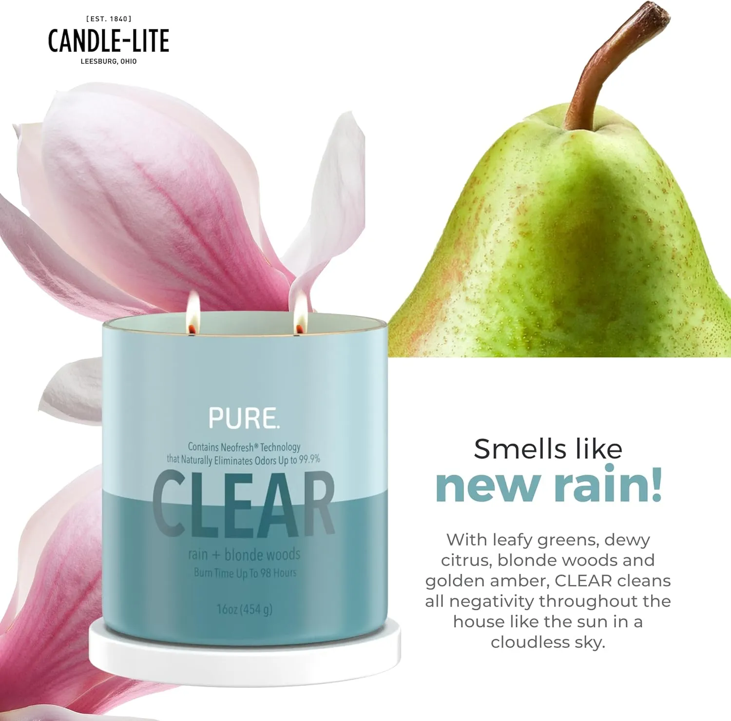 Candle-Lite Pure Rain & Blonde Woods Scented Candles, Neofresh Technology Eliminates 99.9% of Odors, 16 oz 2-Wick Jar, Proudly Poured in The USA, 44-60 Hours Burn Time, Ideal Gifts for Home or Women