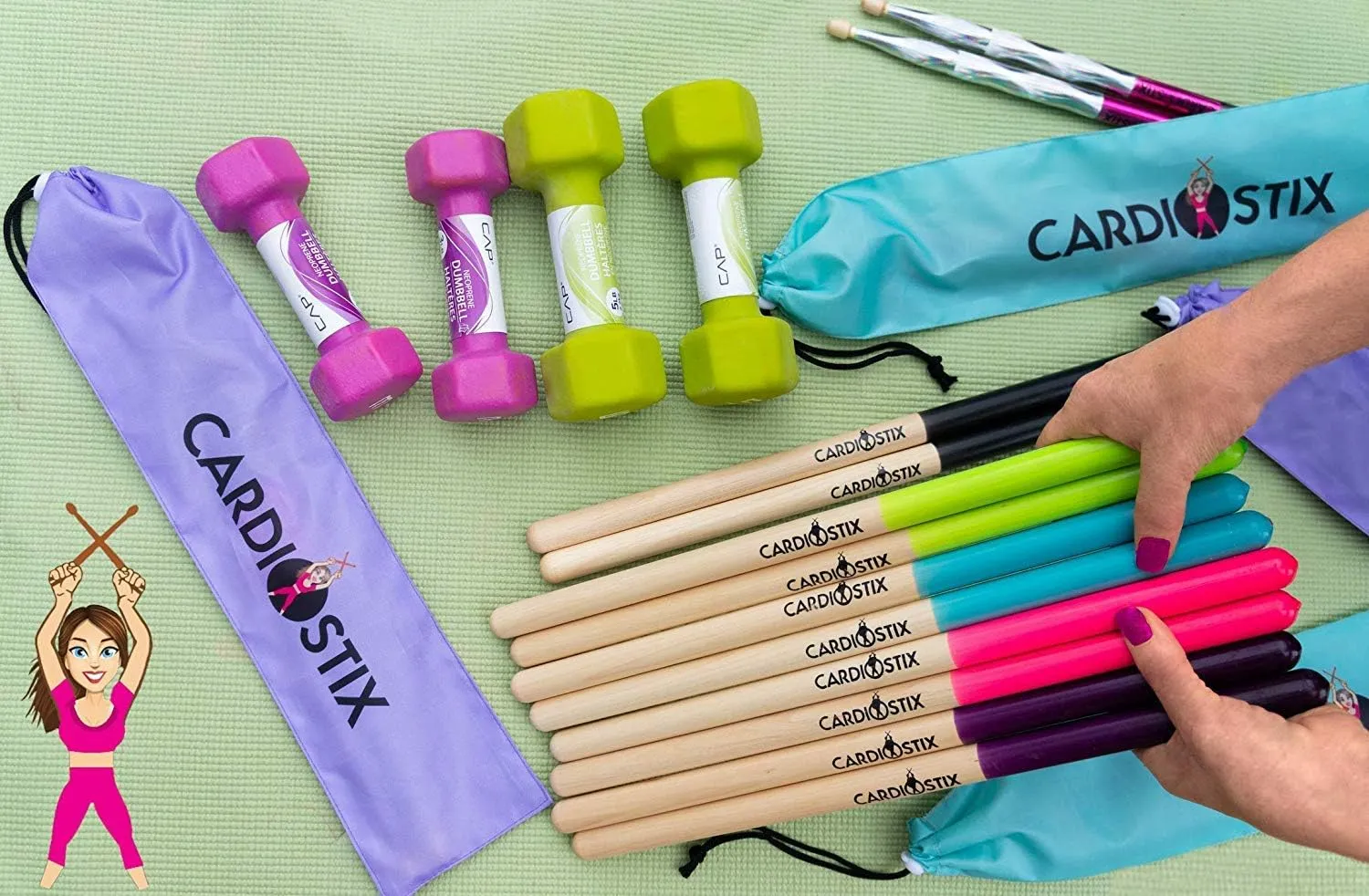 CardioStix Bundle 8oz Highest-Weighted(1 PAIR WITH BAG) Premium American Hickory Wood Cardio Drum Sticks | For Drumming, Fitness, Aerobic Class, Exercises(Black Bundle)