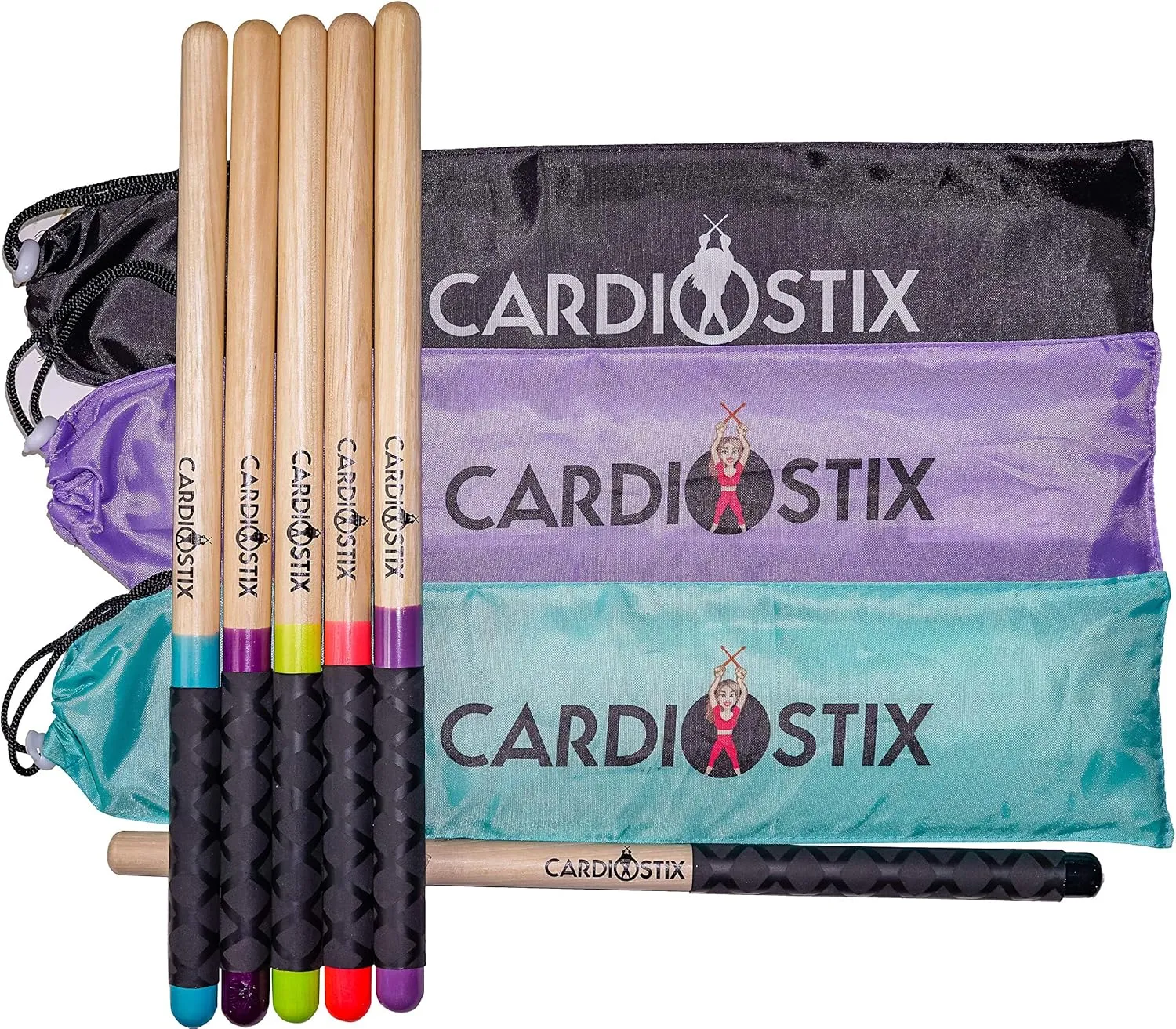 CardioStix Bundle 8oz Highest-Weighted(1 PAIR WITH BAG) Premium American Hickory Wood Cardio Drum Sticks | For Drumming, Fitness, Aerobic Class, Exercises(Black Bundle)