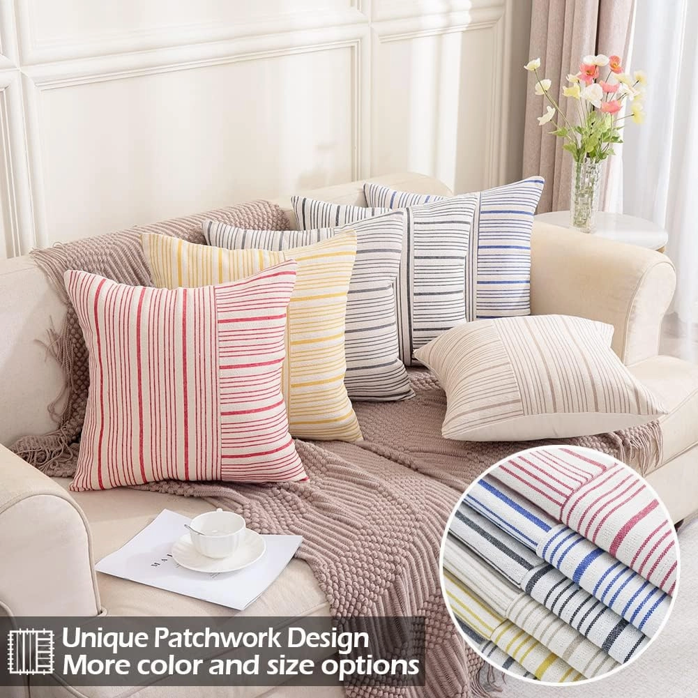 CARRIE HOME Black and Beige Farmhouse European Pillow Covers 24 x 24 Set of 2 Striped Patchwork Decorative Boho Pillows for Bedroom Couch and Sofa