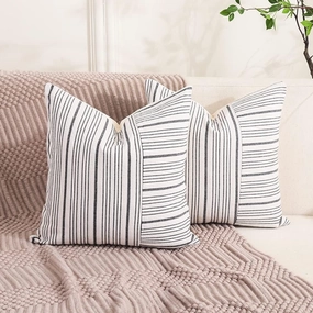 CARRIE HOME Black and Beige Farmhouse European Pillow Covers 24 x 24 Set of 2 Striped Patchwork Decorative Boho Pillows for Bedroom Couch and Sofa