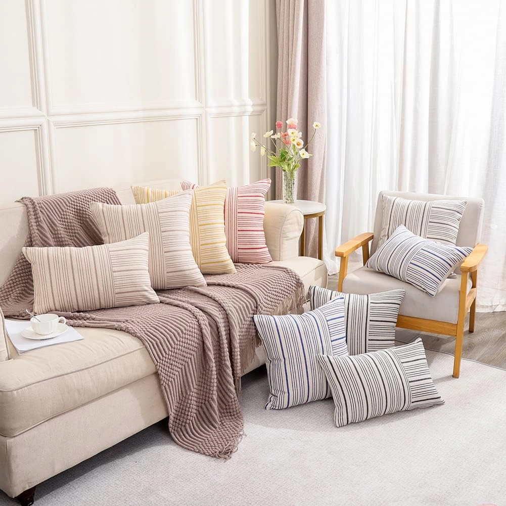 CARRIE HOME Black and Beige Farmhouse European Pillow Covers 24 x 24 Set of 2 Striped Patchwork Decorative Boho Pillows for Bedroom Couch and Sofa