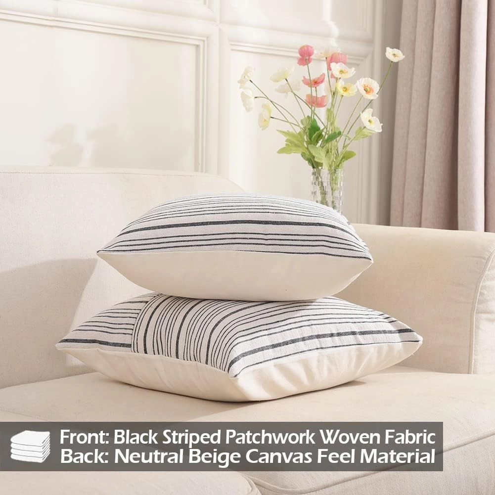 CARRIE HOME Black and Beige Farmhouse European Pillow Covers 24 x 24 Set of 2 Striped Patchwork Decorative Boho Pillows for Bedroom Couch and Sofa