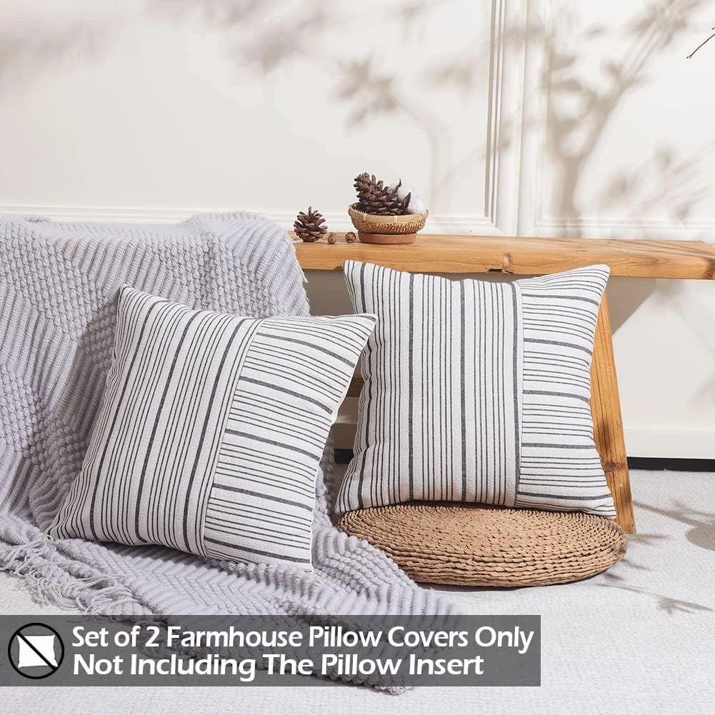 CARRIE HOME Black and Beige Farmhouse European Pillow Covers 24 x 24 Set of 2 Striped Patchwork Decorative Boho Pillows for Bedroom Couch and Sofa