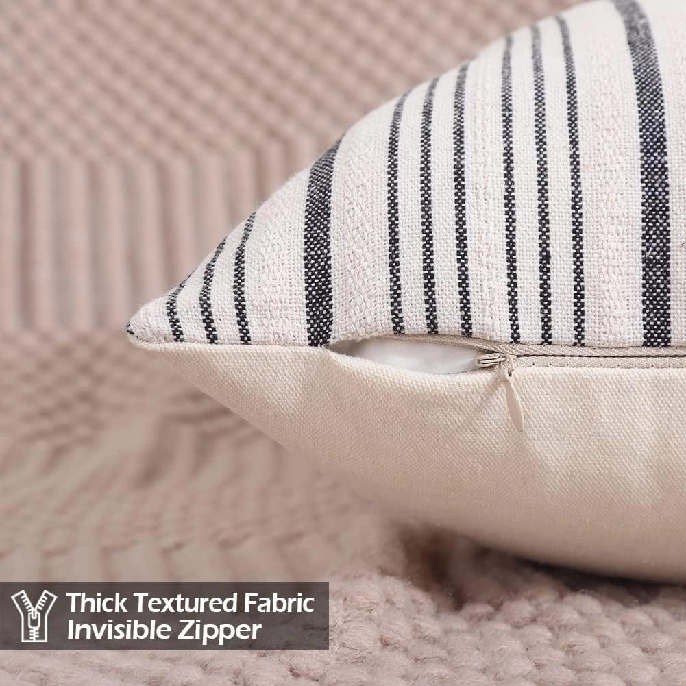 CARRIE HOME Black and Beige Farmhouse European Pillow Covers 24 x 24 Set of 2 Striped Patchwork Decorative Boho Pillows for Bedroom Couch and Sofa