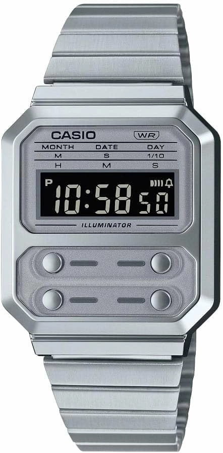 Casio A100WE-7B Men's Vintage Collection Silver Tone Alarm Chronograph Backlight Digital Watch