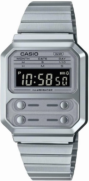Casio A100WE-7B Men's Vintage Collection Silver Tone Alarm Chronograph Backlight Digital Watch