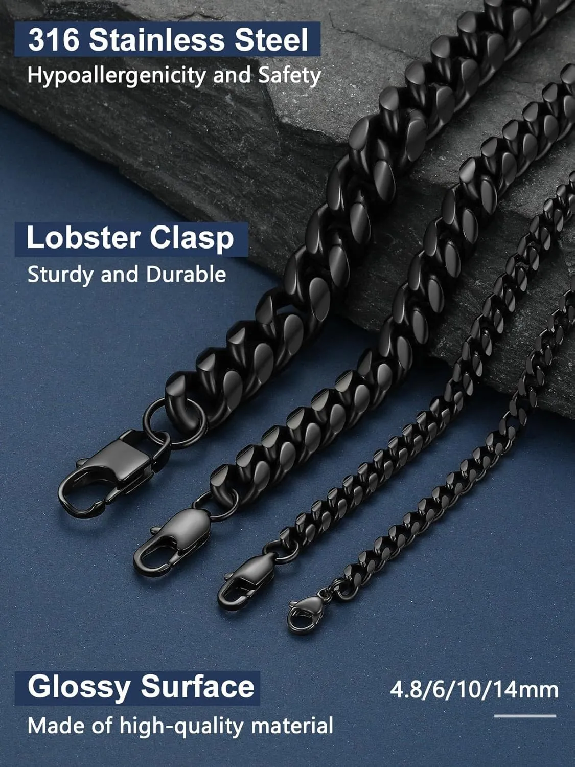 ChainsPro Men Chunky Miami Cuban Chain Necklace, Custom Available, 4.8/6/10/14mm Width, 18/20/22/24/26/28/30inch Length, Gold Plated/Stainless Steel/Black, Send Gift Box