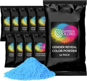 Chameleon Colors Blue Gender Reveal Powder - Individual Easy-Open Bags of Blue Color Chalk Powder with Blackout Packaging - for Photography, Baby Boy Gender Reveal and More - 10 Pack of 70g Bags