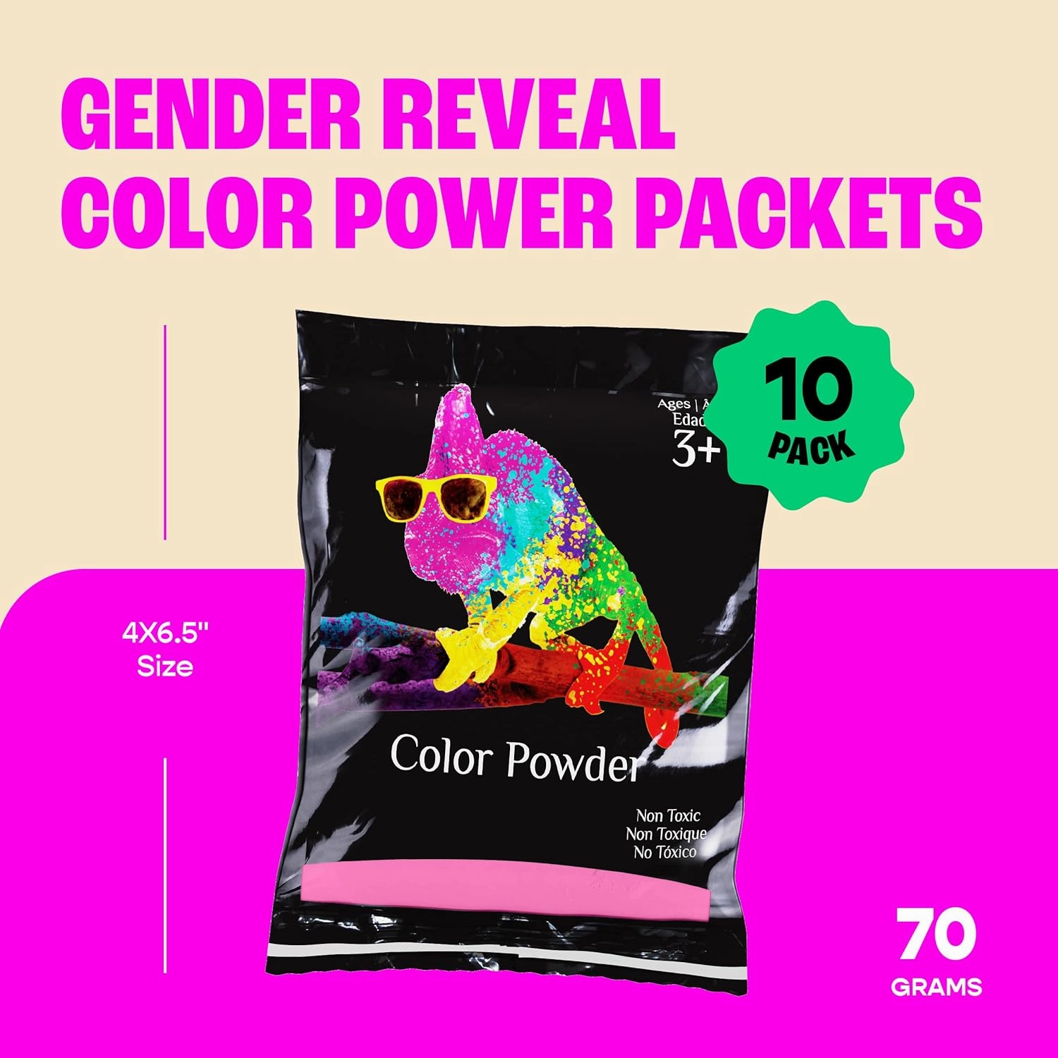 Chameleon Colors Pink Gender Reveal Powder Bags - 70g Bags - 10 Pack - Perfect for Parties - Vibrant Pink Color - Powder for Baby Girl Gender Reveal - Easy-Open Bags - Easy Cleanup - Non-Toxic