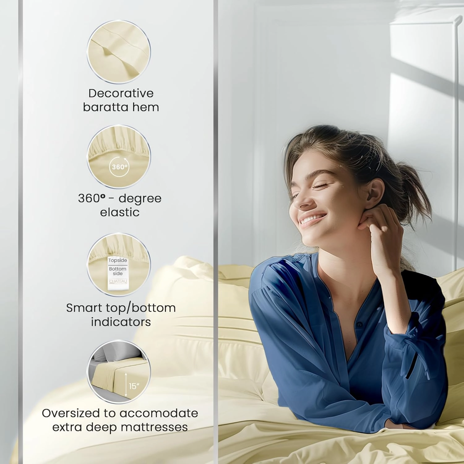 CHATEAU HOME COLLECTION 100% Cotton Bed Sheets King Size - 1000 Thread Count, Breathable, Luxury Cooling Sheets, Soft Sateen Weave, 15" Deep Pocket Set - Ivory