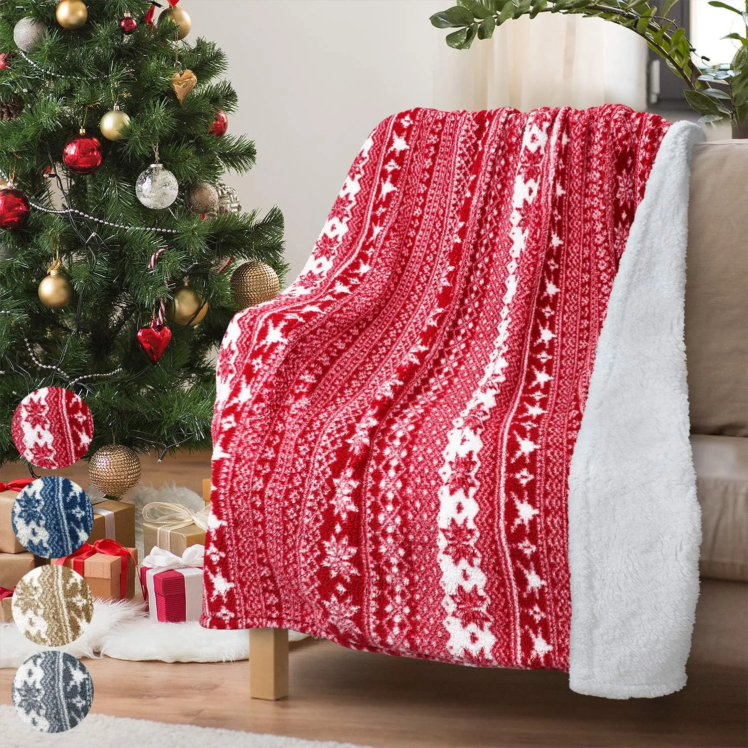 Christmas Sherpa Throw - 50" x 60" Snowflake Pattern, Super Soft Fluffy TV Blanket for Bed, Couch, Holidays - Red