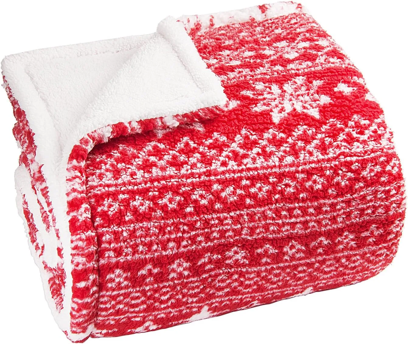 Christmas Sherpa Throw - 50" x 60" Snowflake Pattern, Super Soft Fluffy TV Blanket for Bed, Couch, Holidays - Red
