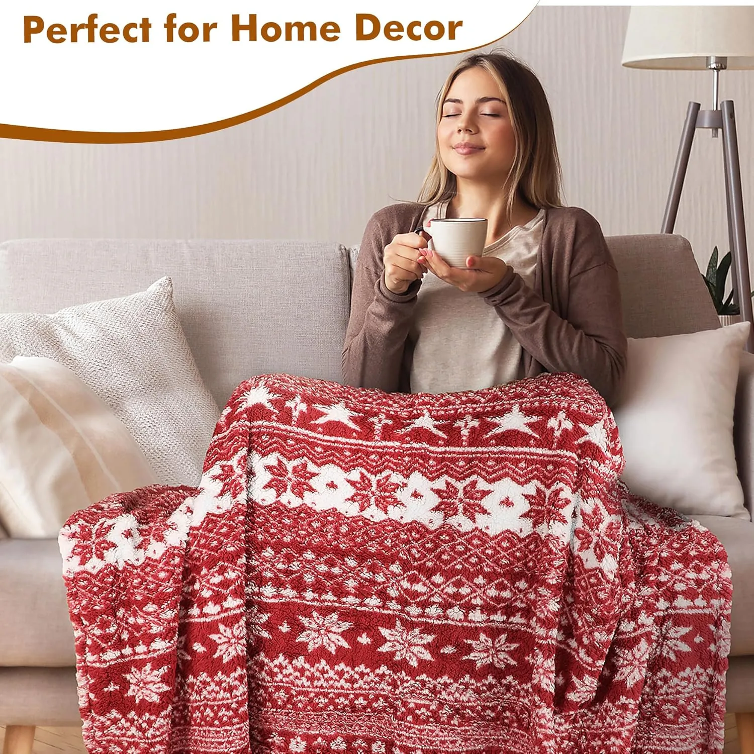 Christmas Sherpa Throw - 50" x 60" Snowflake Pattern, Super Soft Fluffy TV Blanket for Bed, Couch, Holidays - Red