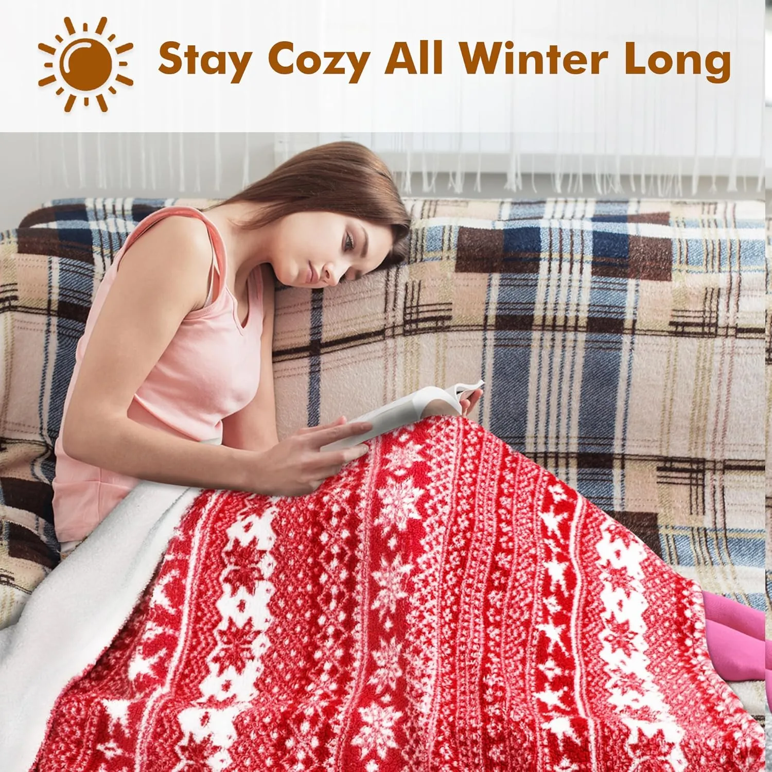 Christmas Sherpa Throw - 50" x 60" Snowflake Pattern, Super Soft Fluffy TV Blanket for Bed, Couch, Holidays - Red