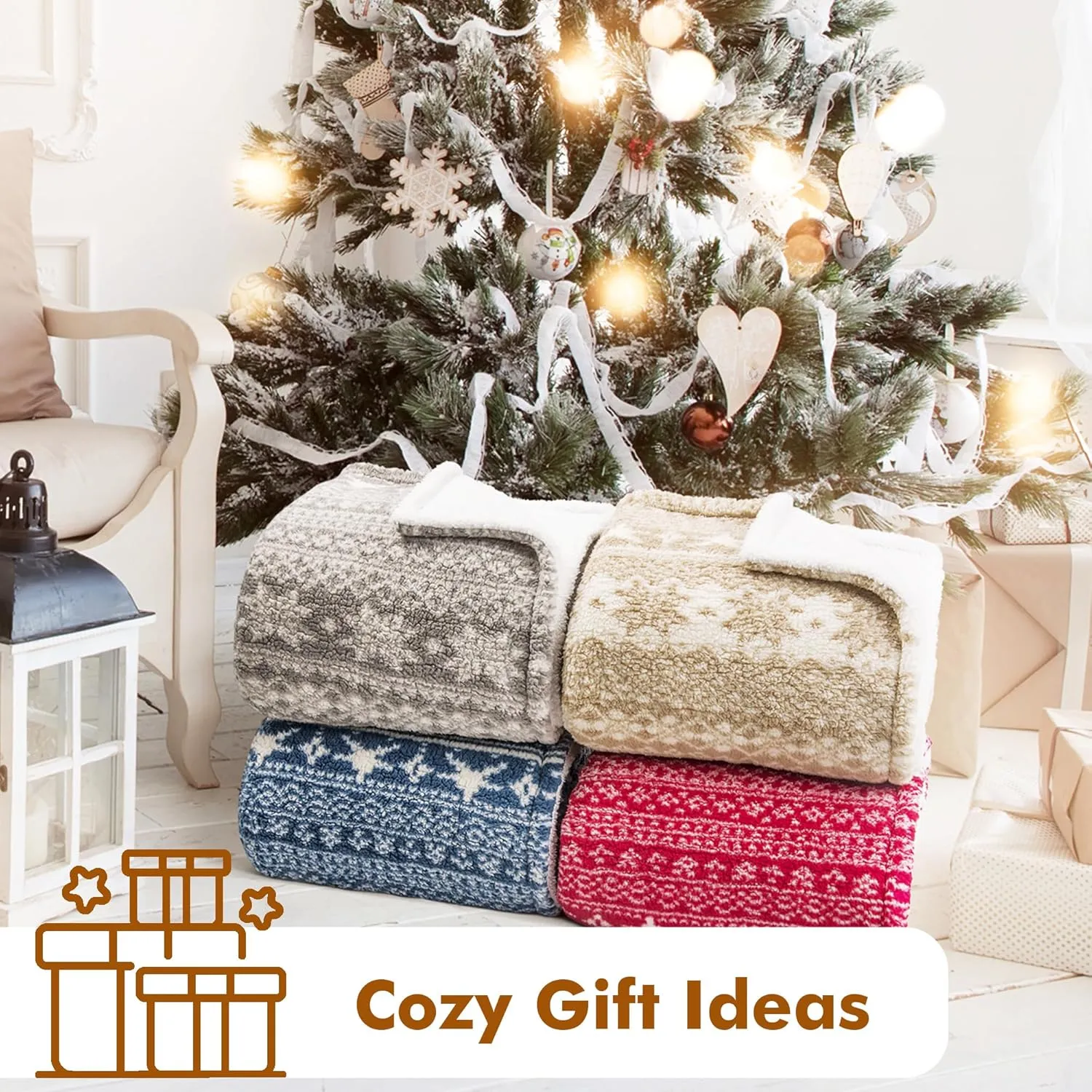 Christmas Sherpa Throw - 50" x 60" Snowflake Pattern, Super Soft Fluffy TV Blanket for Bed, Couch, Holidays - Red