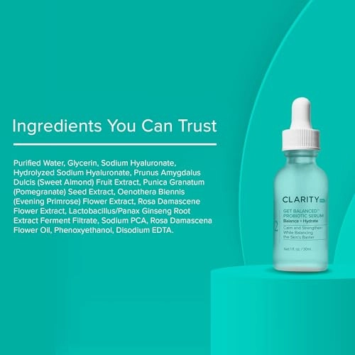 ClarityRx Get Balanced Probiotic Hydrating Face Serum, Natural Plant-Based Skin-Balancing Treatment with Hyaluronic Acid & Antioxidants for Normal & Aging Skin (1 fl oz)