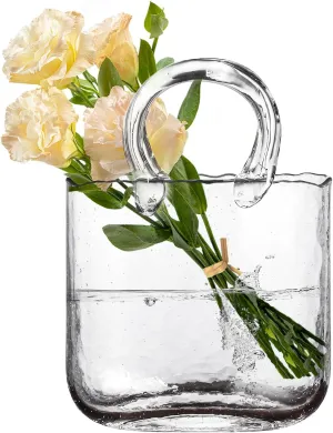 Clear Bag Glass Vases in Handbag Shape, Unique Clear Glass Purse Vases with Handle and Bubbles Design, Modern Art Flower Vases for Centerpieces Living Room Kitchen Office Wedding Decor (Clear)