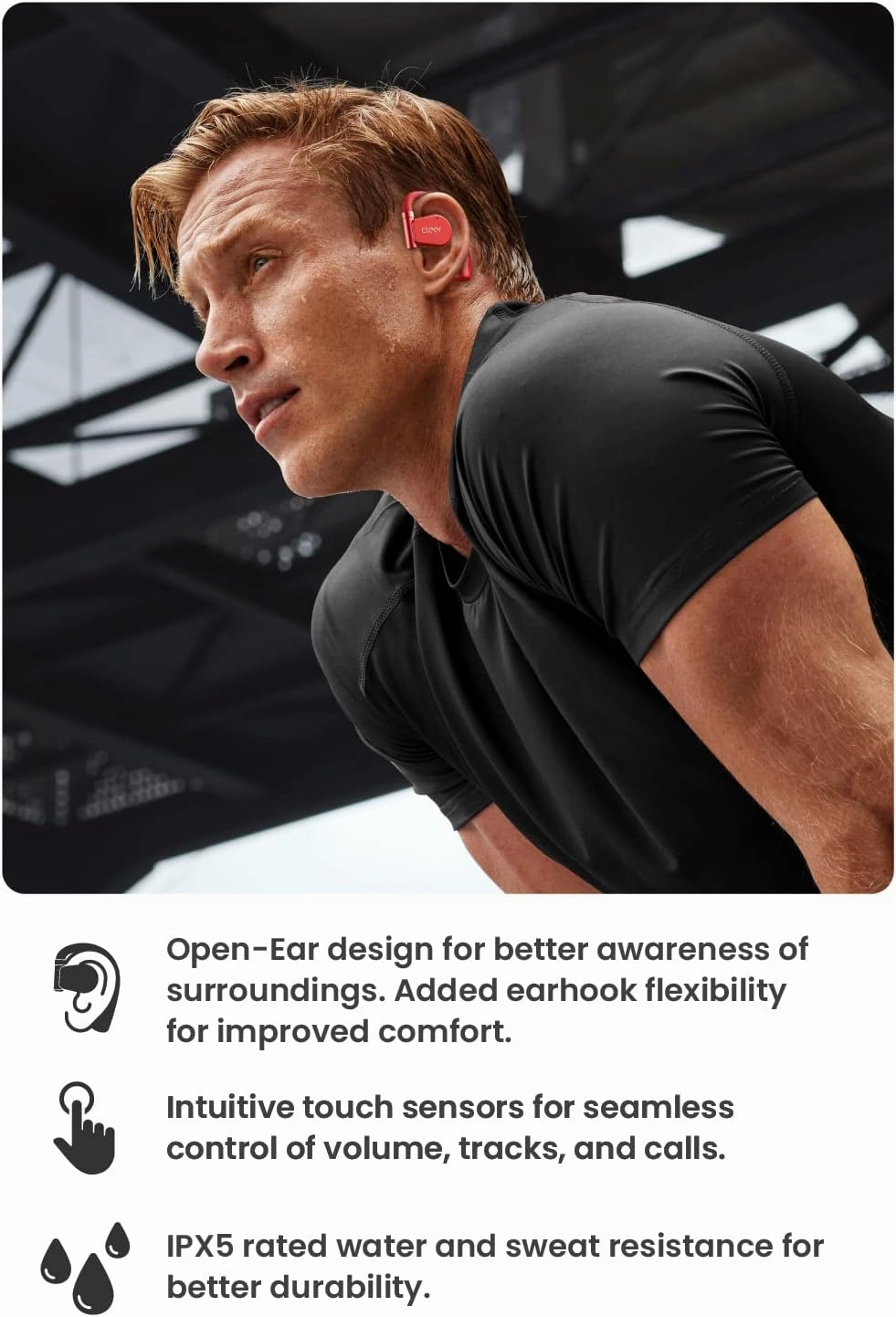 Cleer ARC II Sport Open Ear Headphones, True Wireless Ear Buds with Dual Mic, Sweat Resistant, Multi-Point Connect, 35 Hrs Playtime, Secure Fit, Bluetooth 5.3 Earbuds with Ear Hooks, Preset EQs, Red