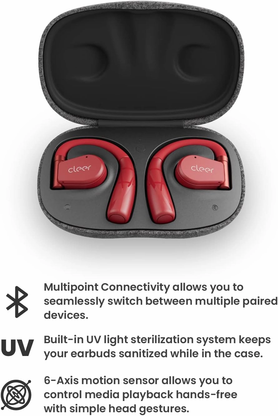 Cleer ARC II Sport Open Ear Headphones, True Wireless Ear Buds with Dual Mic, Sweat Resistant, Multi-Point Connect, 35 Hrs Playtime, Secure Fit, Bluetooth 5.3 Earbuds with Ear Hooks, Preset EQs, Red