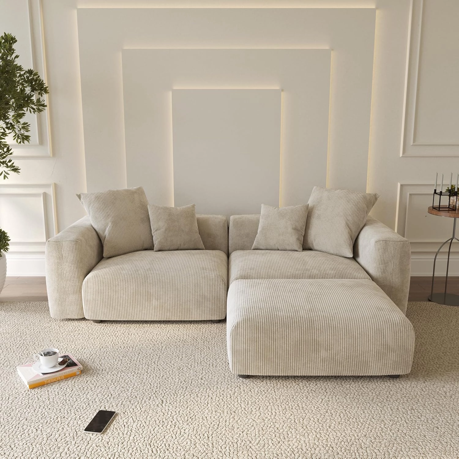 Cloud Couch Modular Sectional Sofa,102inch L Shaped Sofa with Ottoman,Beige 3 Seater Corduroy Couch,Convertible Sectional Sofa for Living Room,Cushion Covers Removable& Washable