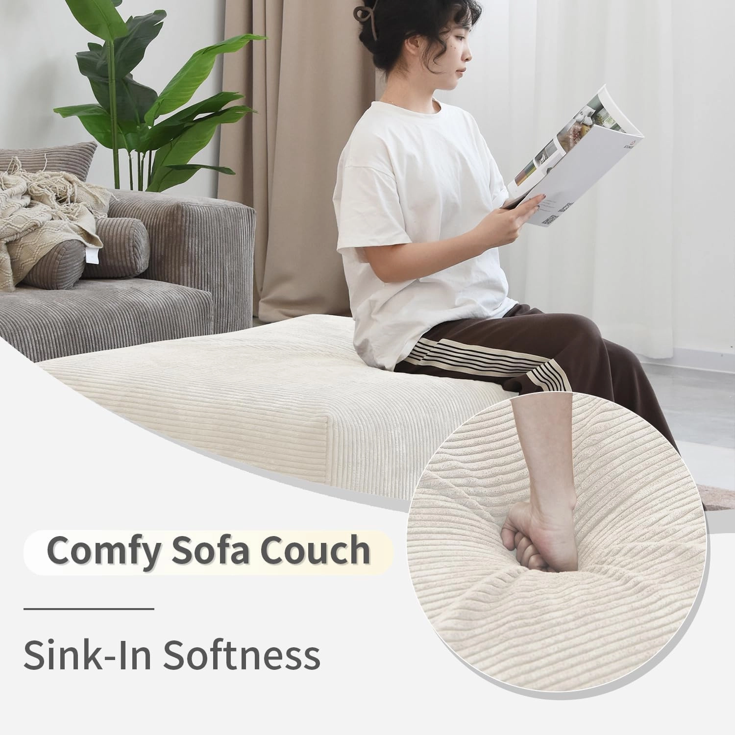 Cloud Couch Modular Sectional Sofa,102inch L Shaped Sofa with Ottoman,Beige 3 Seater Corduroy Couch,Convertible Sectional Sofa for Living Room,Cushion Covers Removable& Washable