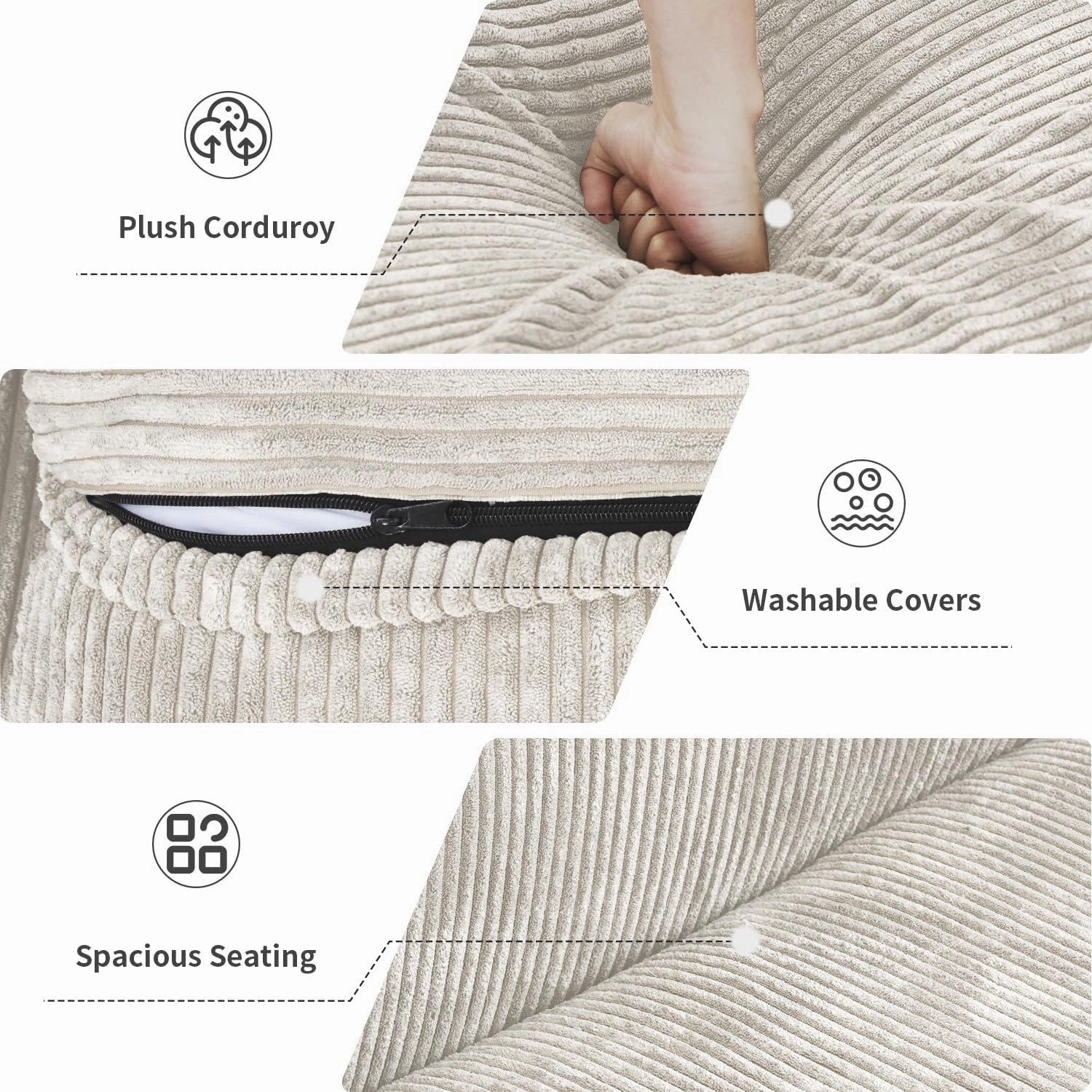 Cloud Couch Modular Sectional Sofa,102inch L Shaped Sofa with Ottoman,Beige 3 Seater Corduroy Couch,Convertible Sectional Sofa for Living Room,Cushion Covers Removable& Washable