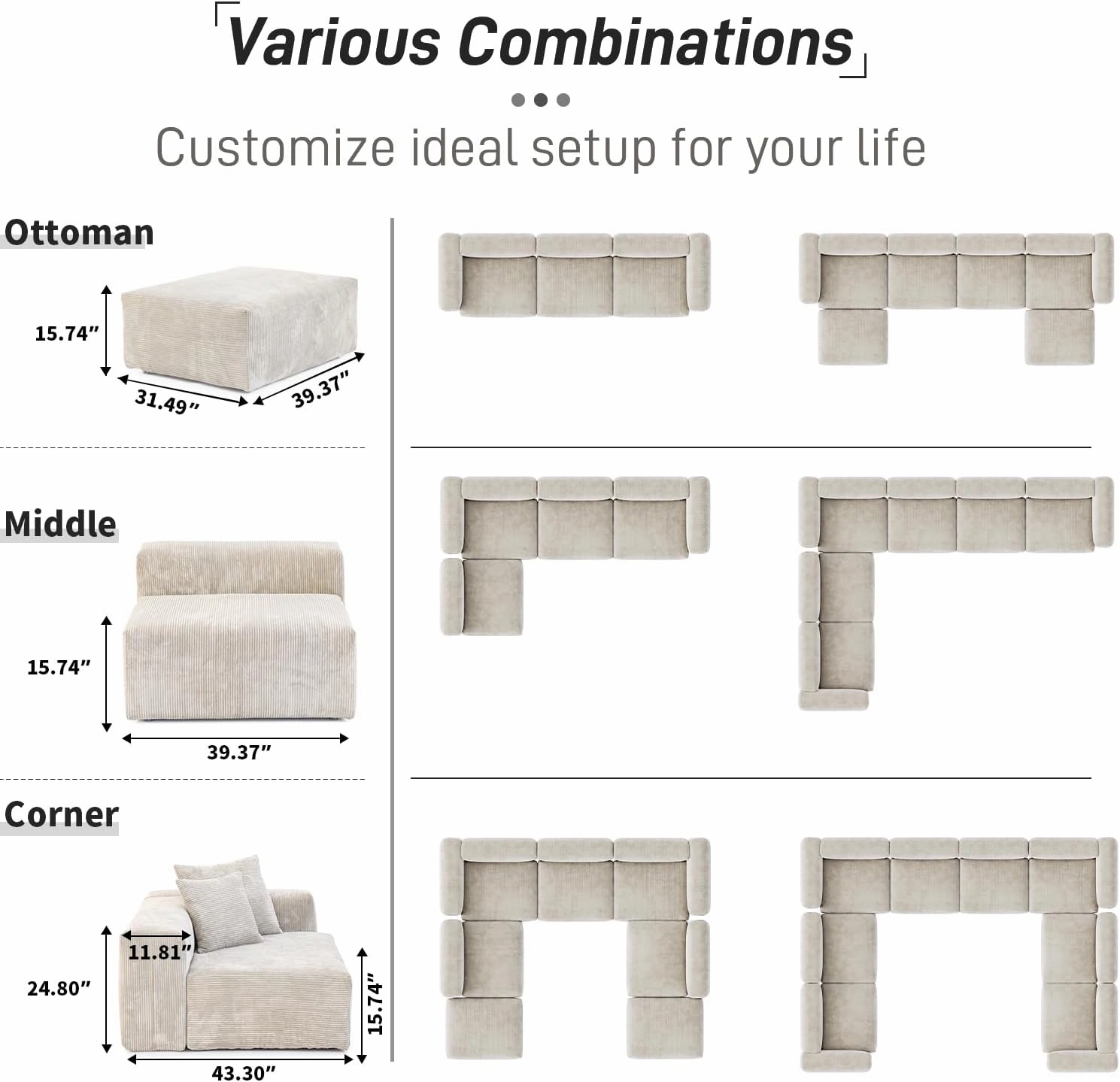 Cloud Couch Modular Sectional Sofa,102inch L Shaped Sofa with Ottoman,Beige 3 Seater Corduroy Couch,Convertible Sectional Sofa for Living Room,Cushion Covers Removable& Washable