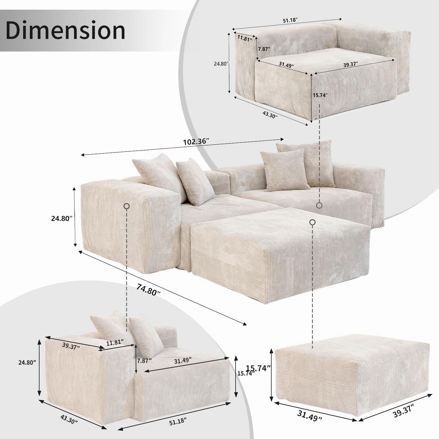 Cloud Couch Modular Sectional Sofa,102inch L Shaped Sofa with Ottoman,Beige 3 Seater Corduroy Couch,Convertible Sectional Sofa for Living Room,Cushion Covers Removable& Washable