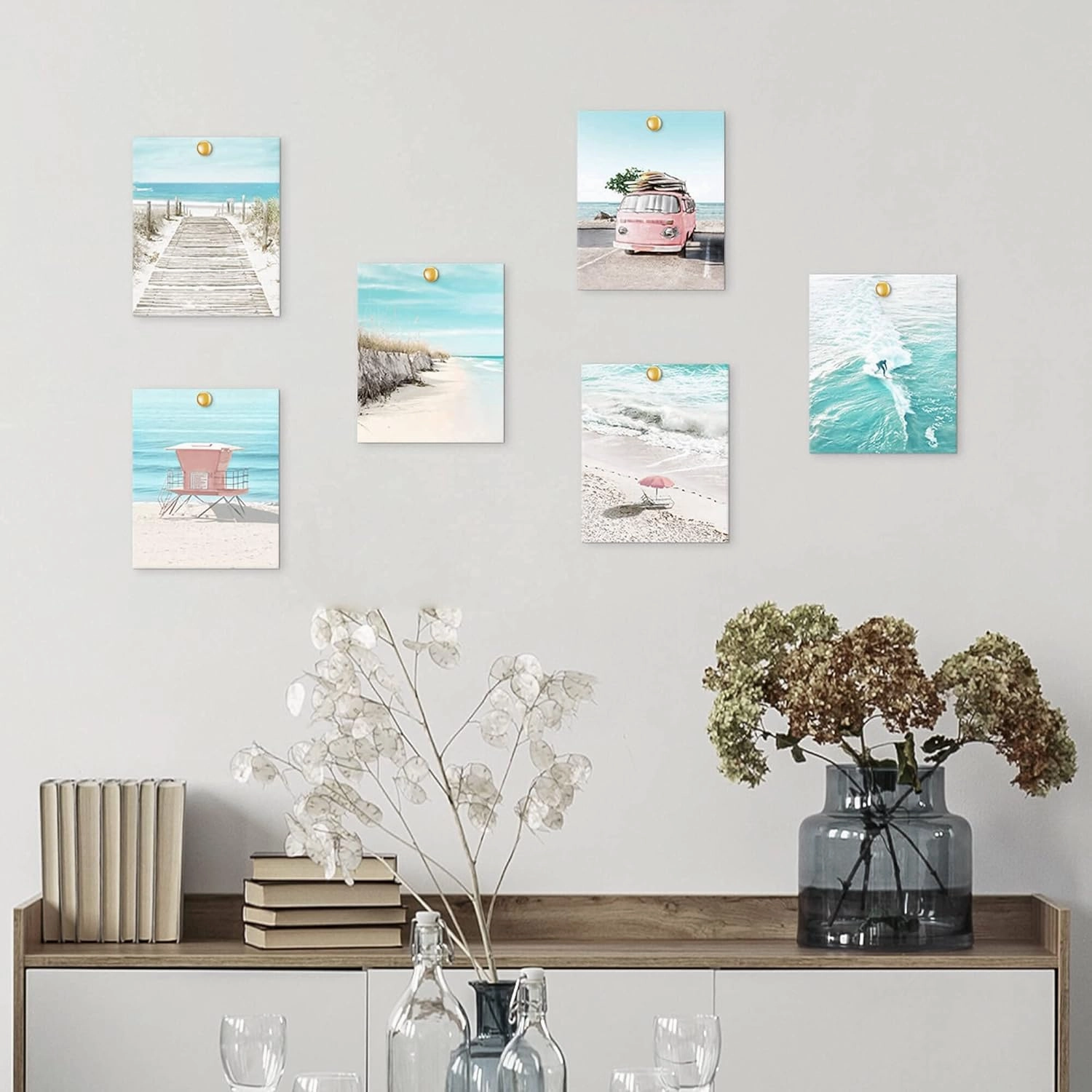Coastal Wall Art Beach Prints Decor Set of 6 Summer Seascape Theme Pictures Boardwalk, Beach Chair, Pink Van, Surfing Posters for Home Unframed 8x10 Inch