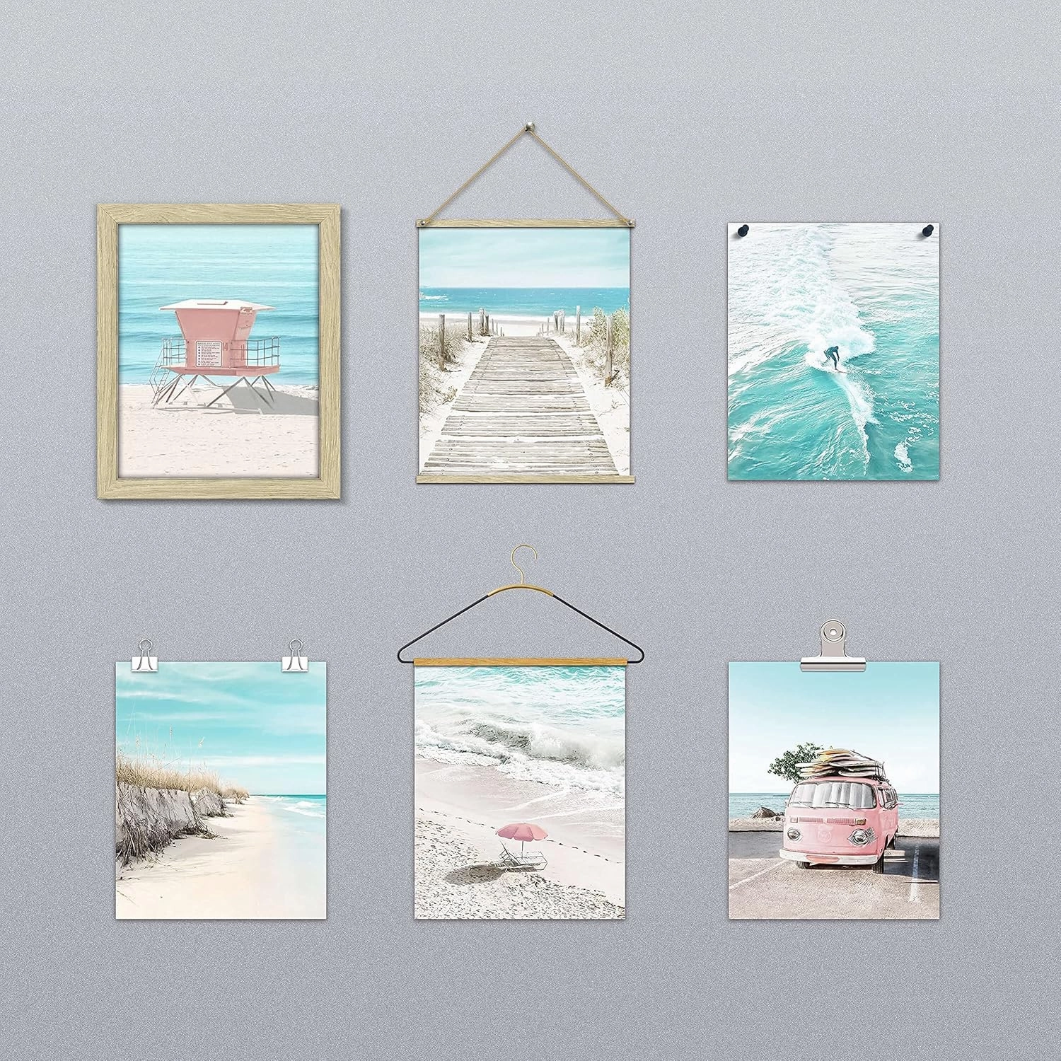 Coastal Wall Art Beach Prints Decor Set of 6 Summer Seascape Theme Pictures Boardwalk, Beach Chair, Pink Van, Surfing Posters for Home Unframed 8x10 Inch