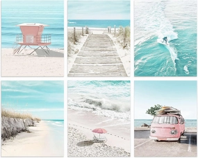 Coastal Wall Art Beach Prints Decor Set of 6 Summer Seascape Theme Pictures Boardwalk, Beach Chair, Pink Van, Surfing Posters for Home Unframed 8x10 Inch