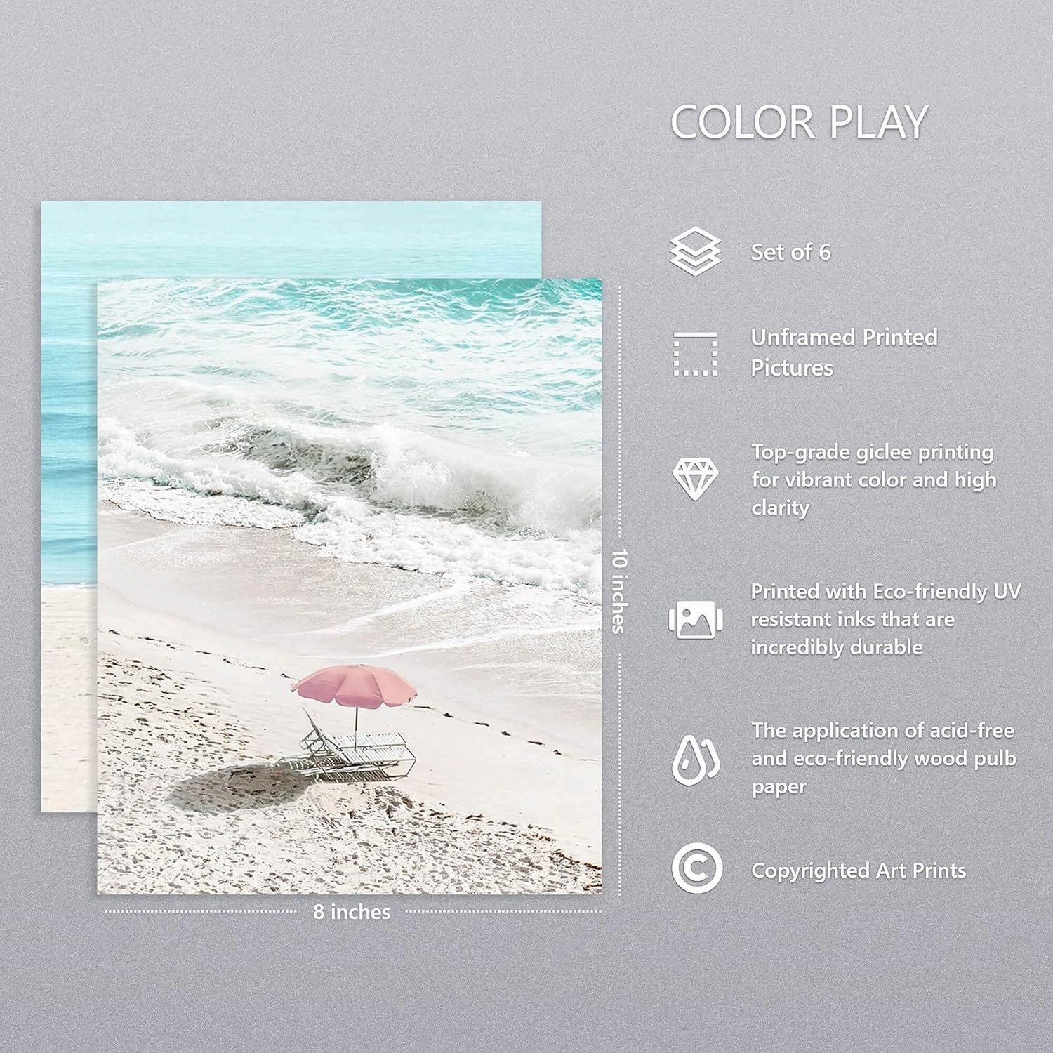 Coastal Wall Art Beach Prints Decor Set of 6 Summer Seascape Theme Pictures Boardwalk, Beach Chair, Pink Van, Surfing Posters for Home Unframed 8x10 Inch