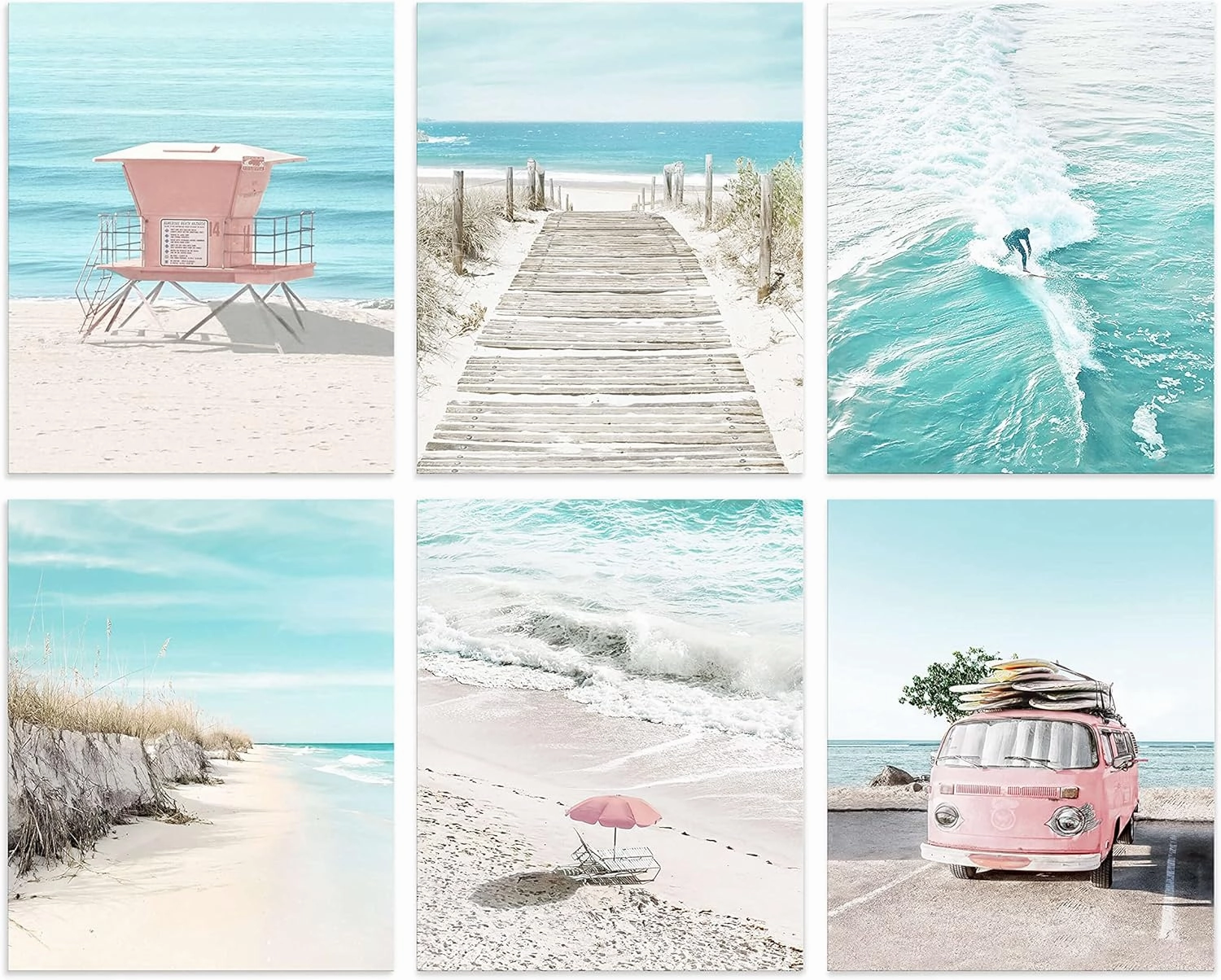 Coastal Wall Art Beach Prints Decor Set of 6 Summer Seascape Theme Pictures Boardwalk, Beach Chair, Pink Van, Surfing Posters for Home Unframed 8x10 Inch