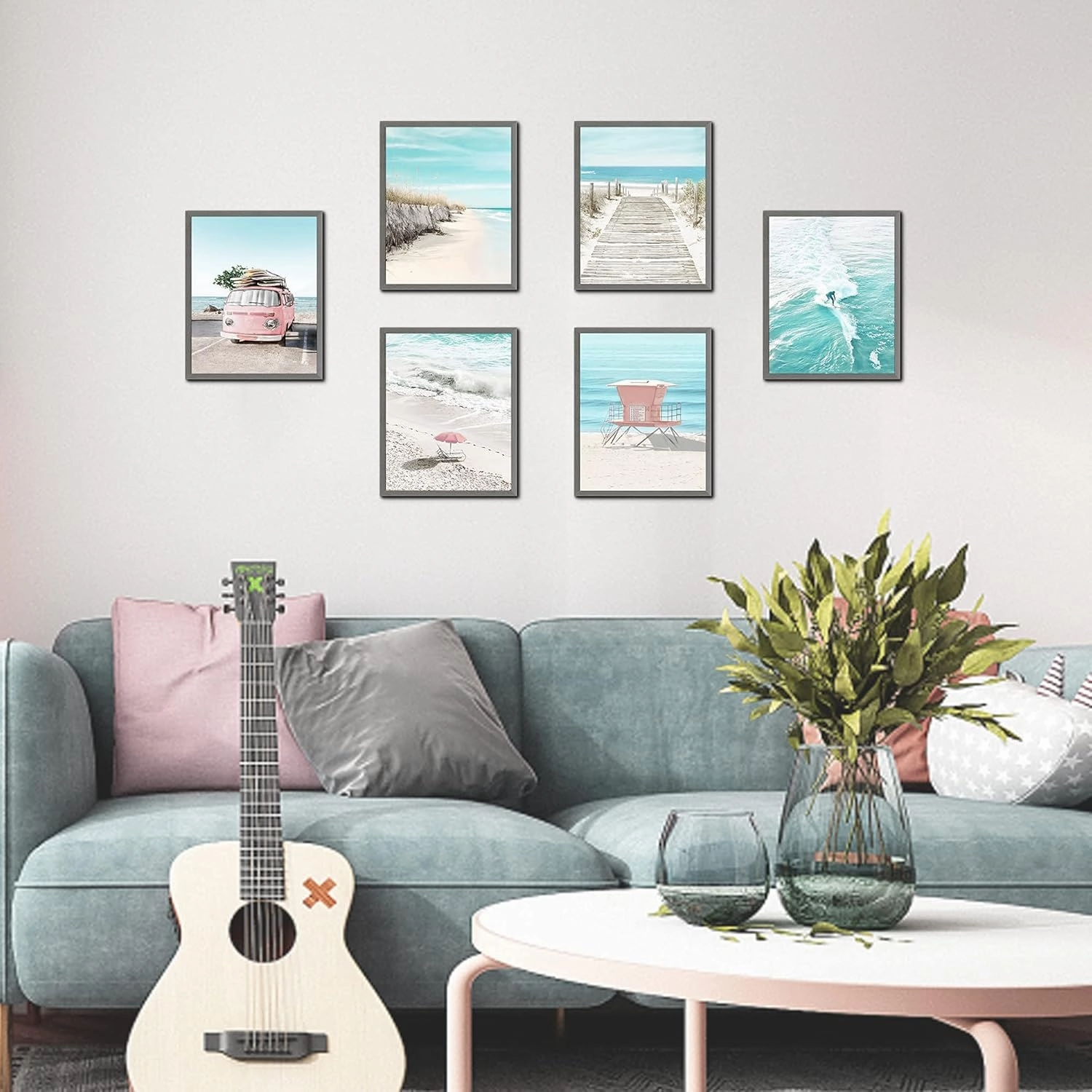 Coastal Wall Art Beach Prints Decor Set of 6 Summer Seascape Theme Pictures Boardwalk, Beach Chair, Pink Van, Surfing Posters for Home Unframed 8x10 Inch